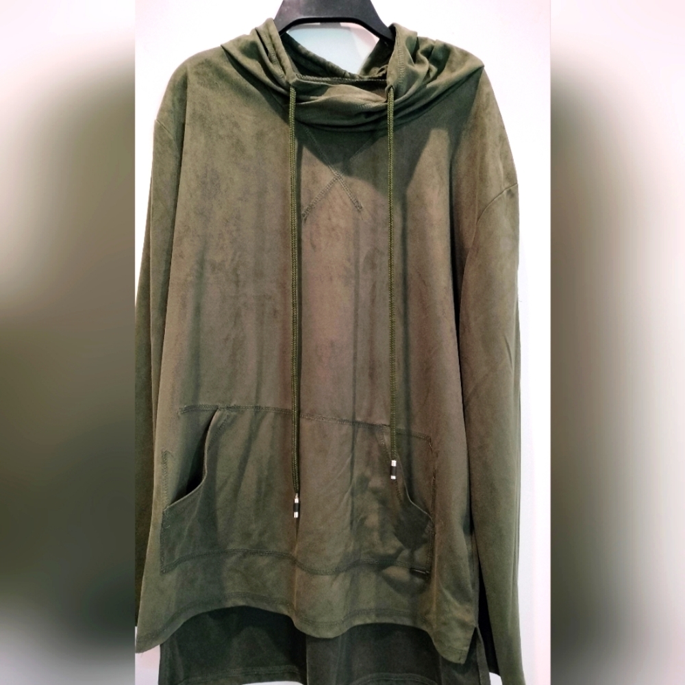 Fried Denim Hoodie Olive Faux Suede Shoulder & Kangaroo Pockets Size Medium